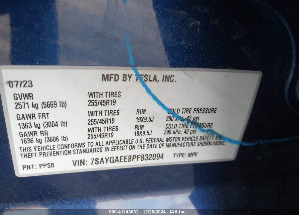 2023 TESLA MODEL Y AWD/LONG RANGE DUAL MOTOR ALL-WHEEL DRIVE VIN: 7SAYGAEE8PF832094