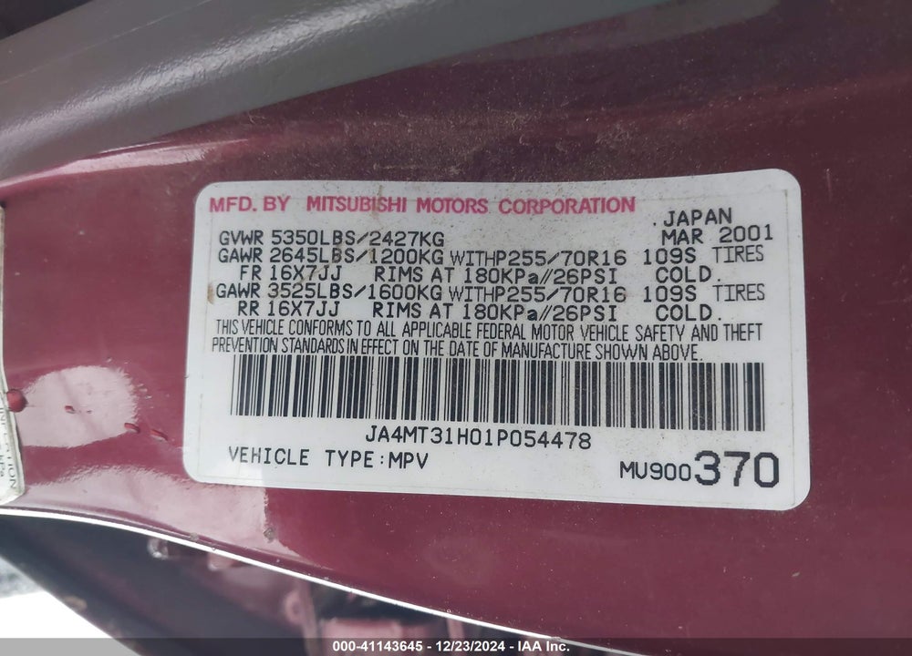 2001 MITSUBISHI MONTERO SPORT XLS VIN: JA4MT31H01P054478
