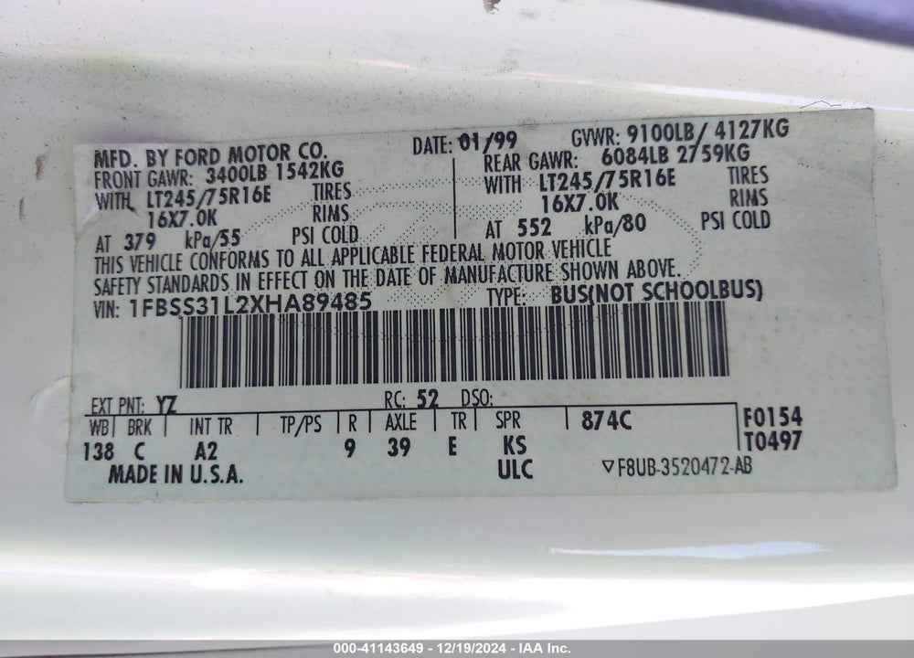 1999 FORD E-350 SUPER DUTY XL/XLT VIN: 1FBSS31L2XHA89485