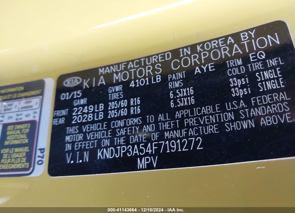 2015 KIA SOUL VIN: KNDJP3A54F7191272