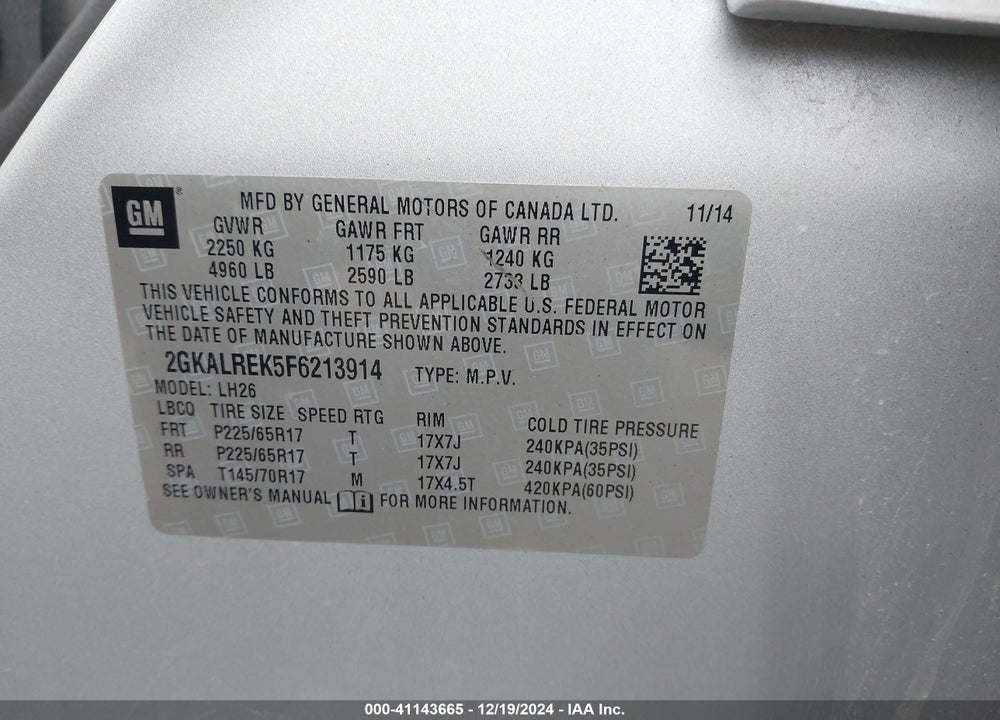 2015 GMC TERRAIN SLE-2 VIN: 2GKALREK5F6213914