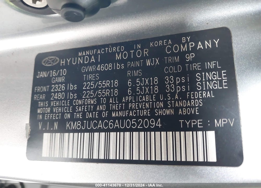 2010 HYUNDAI TUCSON LIMITED VIN: KM8JUCAC6AU052094