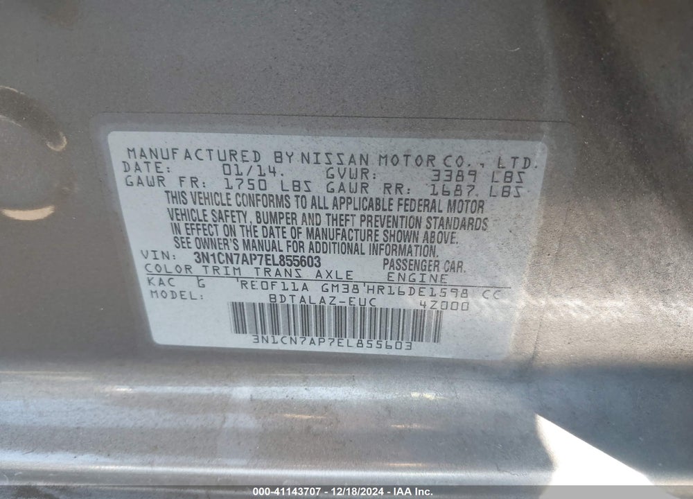 2014 NISSAN VERSA 1.6 S+ VIN: 3N1CN7AP7EL855603