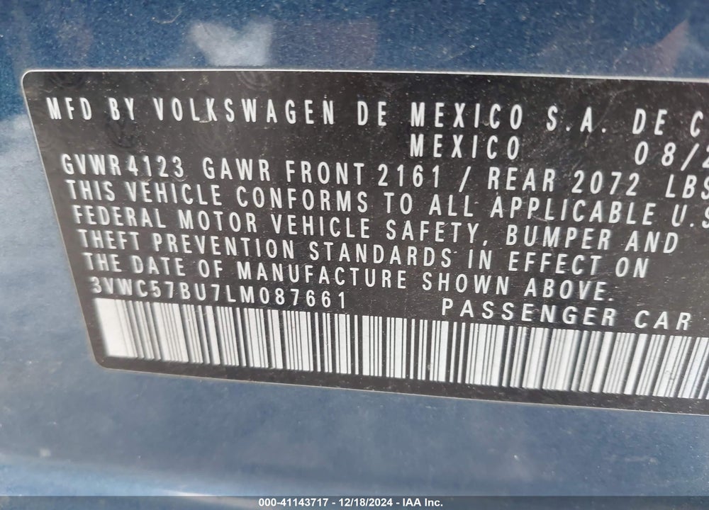 2020 VOLKSWAGEN JETTA 1.4T R-LINE/1.4T S/1.4T SE VIN: 3VWC57BU7LM087661