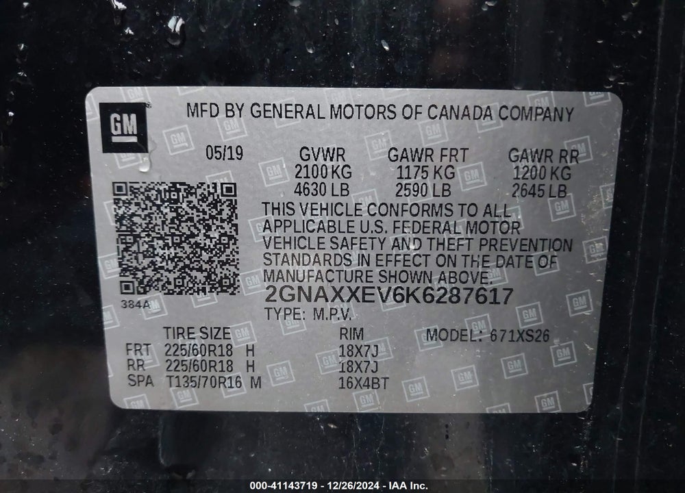 2019 CHEVROLET EQUINOX PREMIER VIN: 2GNAXXEV6K6287617
