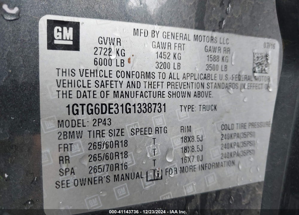 2016 GMC CANYON VIN: 1GTG6DE31G1338731