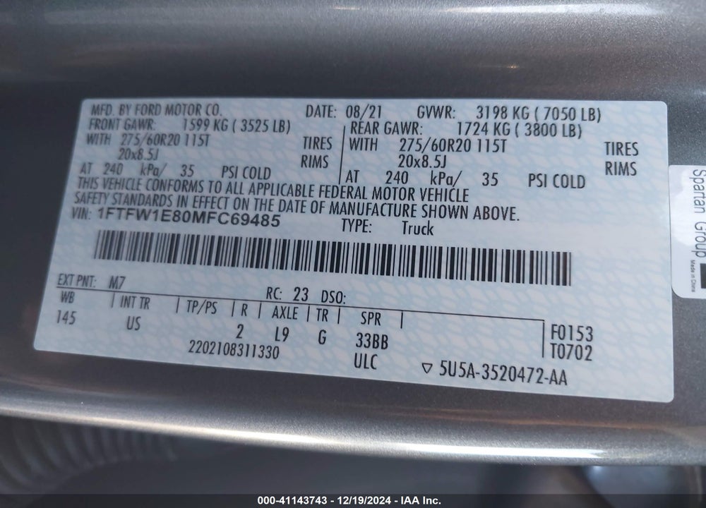 2021 FORD F-150 VIN: 1FTFW1E80MFC69485