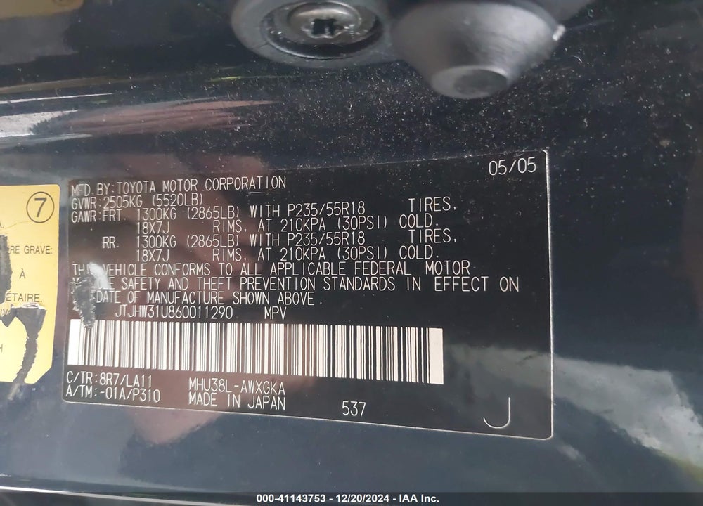 2006 LEXUS RX 400H VIN: JTJHW31U860011290