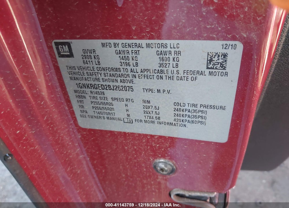2011 CHEVROLET TRAVERSE VIN: 1GNKRGED2BJ262075