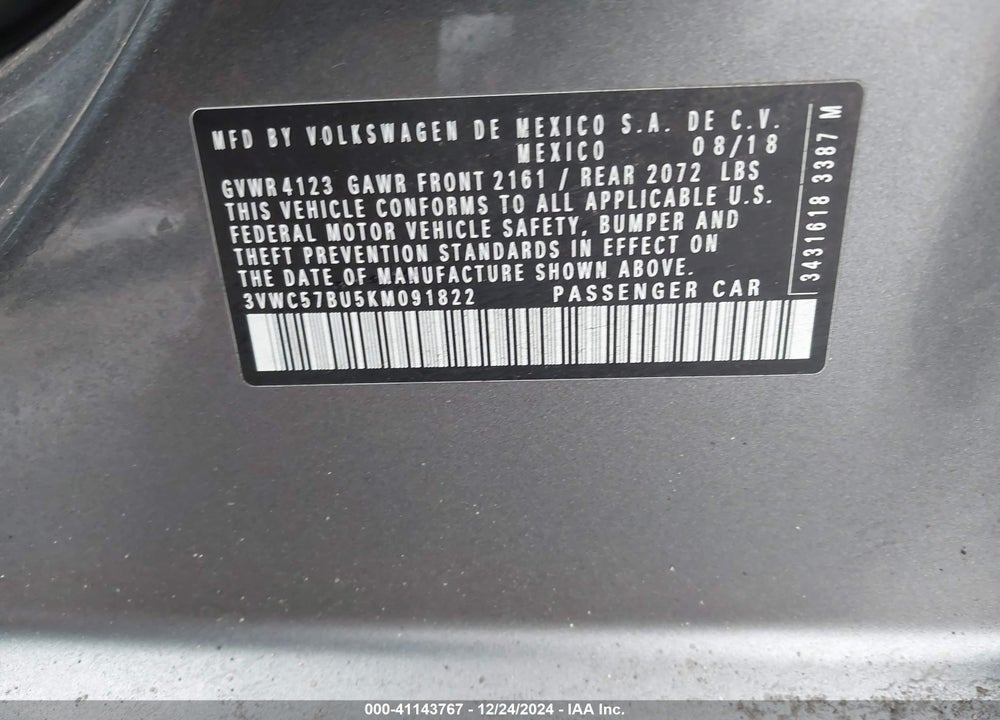 2019 VOLKSWAGEN JETTA VIN: 3VWC57BU5KM091822