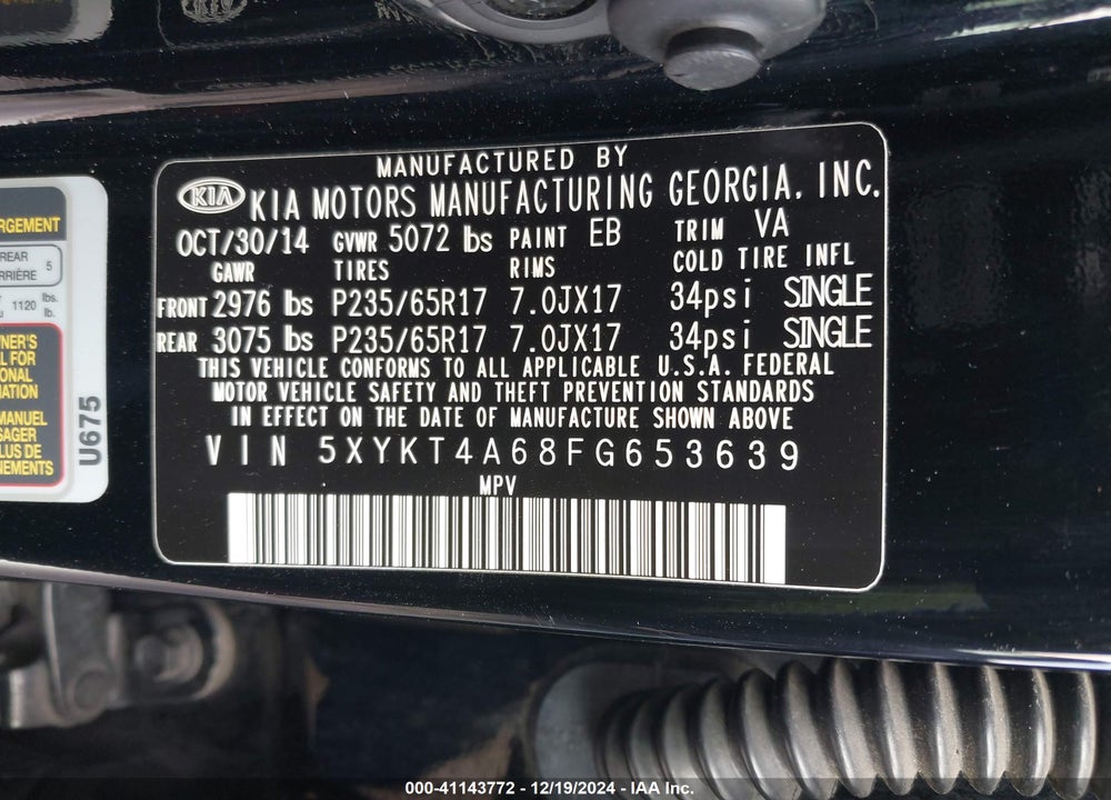 2015 KIA SORENTO LX VIN: 5XYKT4A68FG653639