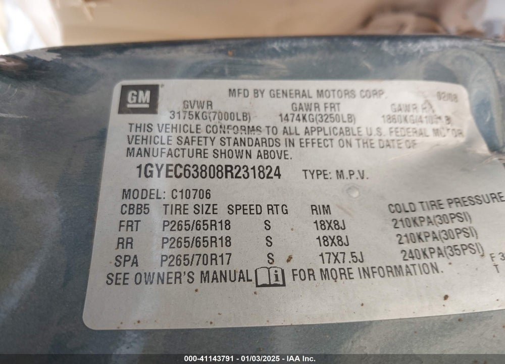 2008 CADILLAC ESCALADE STANDARD VIN: 1GYEC63808R231824