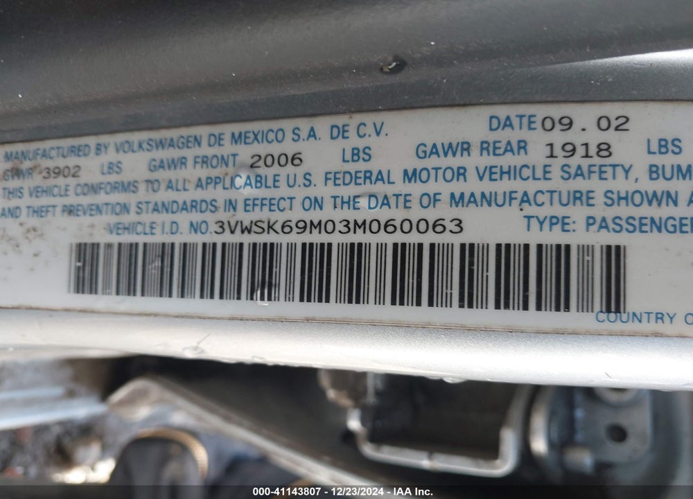 2003 VOLKSWAGEN JETTA GLS 2.0L VIN: 3VWSK69M03M060063
