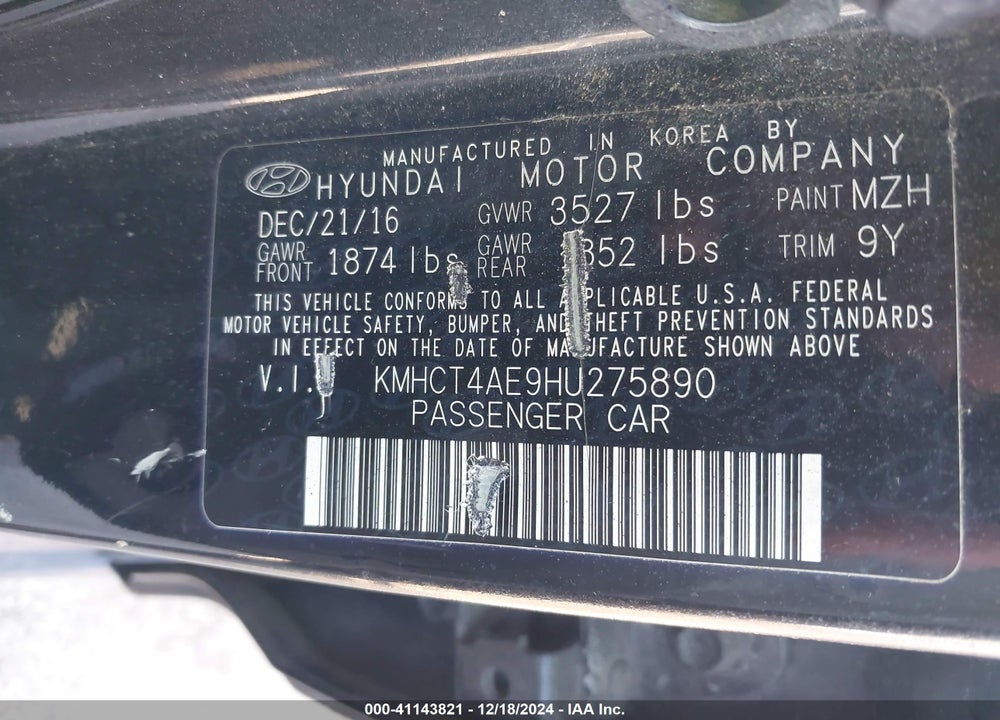 2017 HYUNDAI ACCENT SE VIN: KMHCT4AE9HU275890