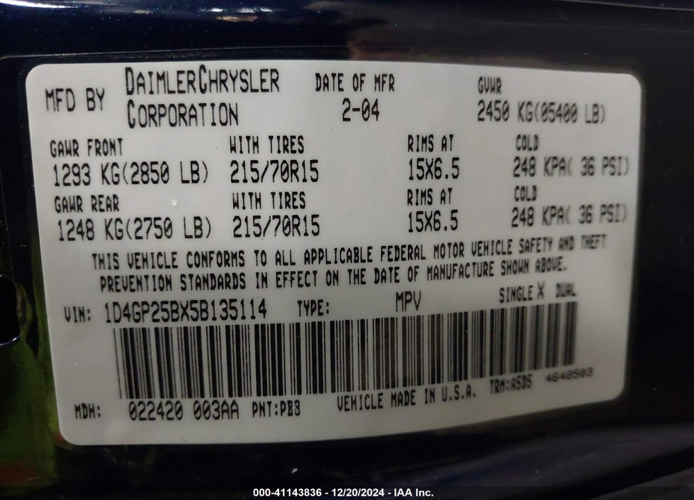 2005 DODGE CARAVAN SE VIN: 1D4GP25BX5B135114