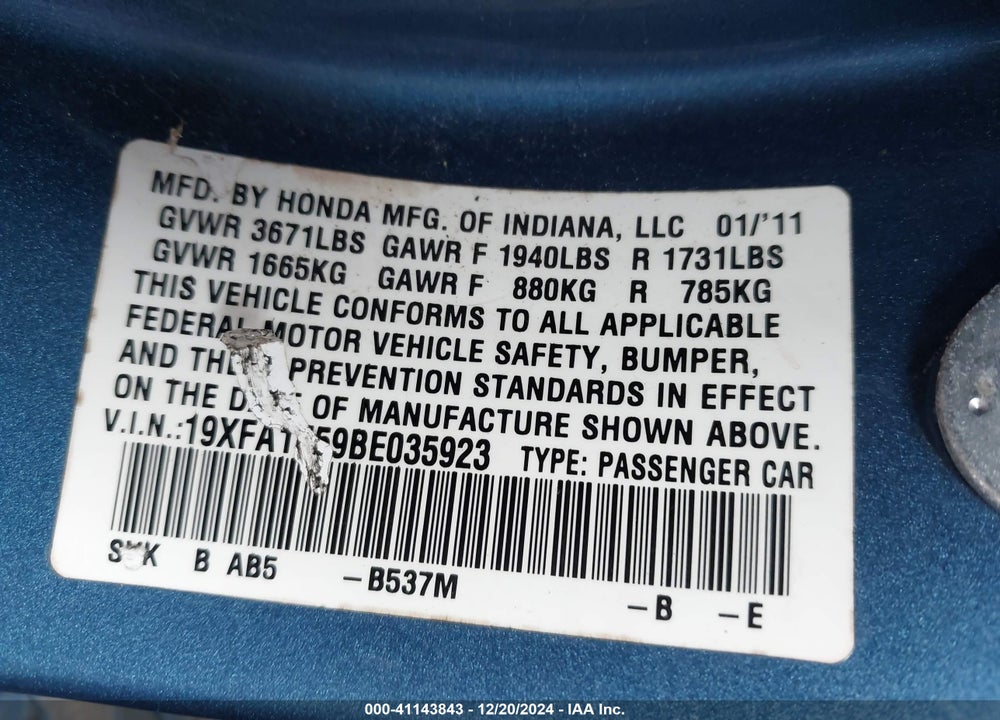 2011 HONDA CIVIC LX VIN: 19XFA1F59BE035923