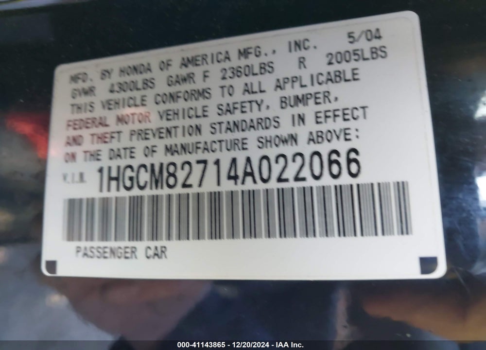 2004 HONDA ACCORD 3.0 EX VIN: 1HGCM82714A022066