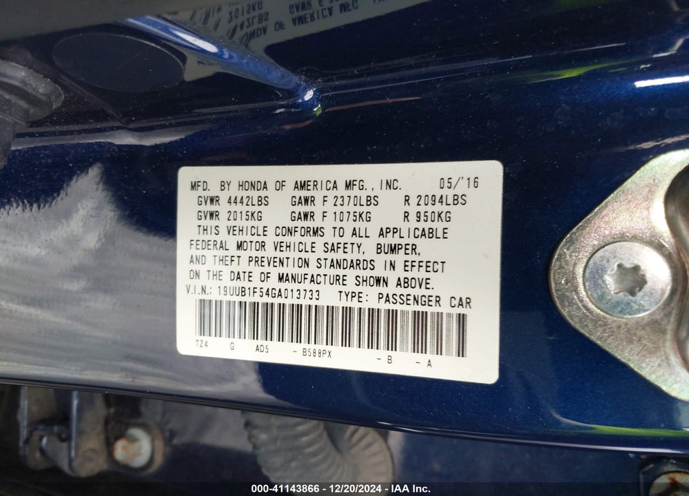 2016 ACURA TLX TECH VIN: 19UUB1F54GA013733