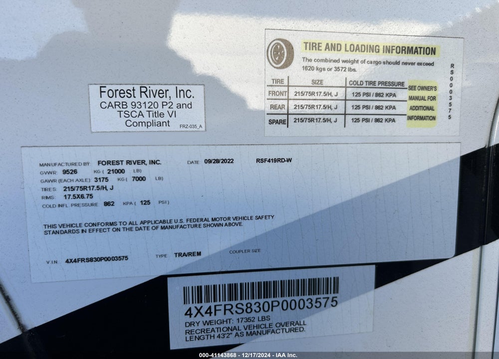 2023 FOREST RIVER RIVERSTONE LEGACY 419RD VIN: 4X4FRS830P0003575
