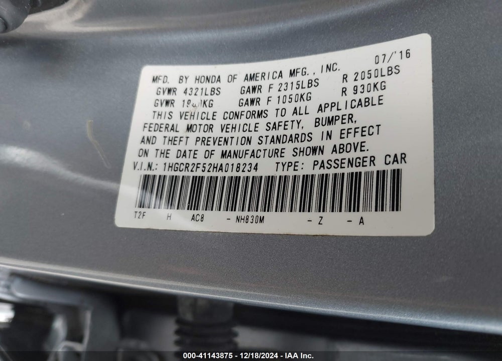 2017 HONDA ACCORD SPORT VIN: 1HGCR2F52HA018234