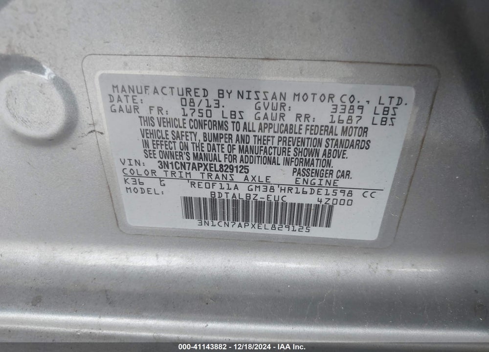 2014 NISSAN VERSA 1.6 SV VIN: 3N1CN7APXEL829125