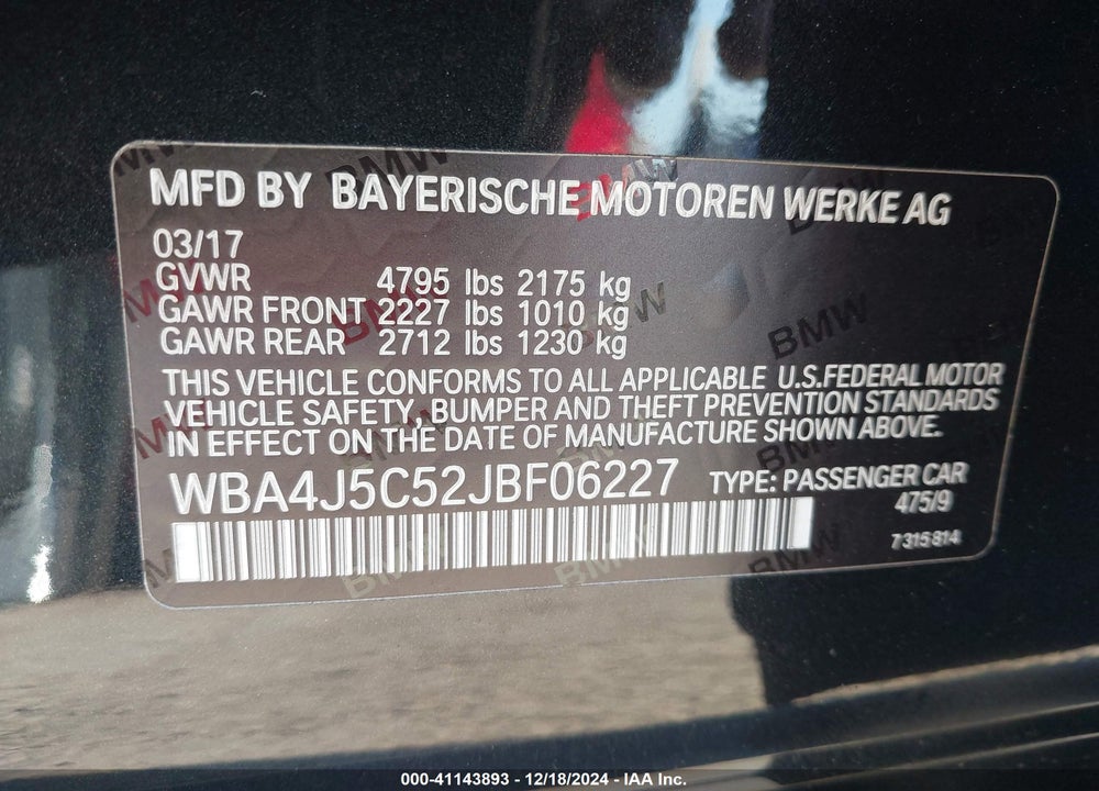 2018 BMW 440I GRAN COUPE VIN: WBA4J5C52JBF06227