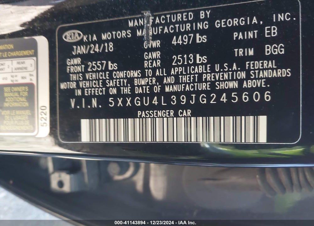 2018 KIA OPTIMA EX VIN: 5XXGU4L39JG245606