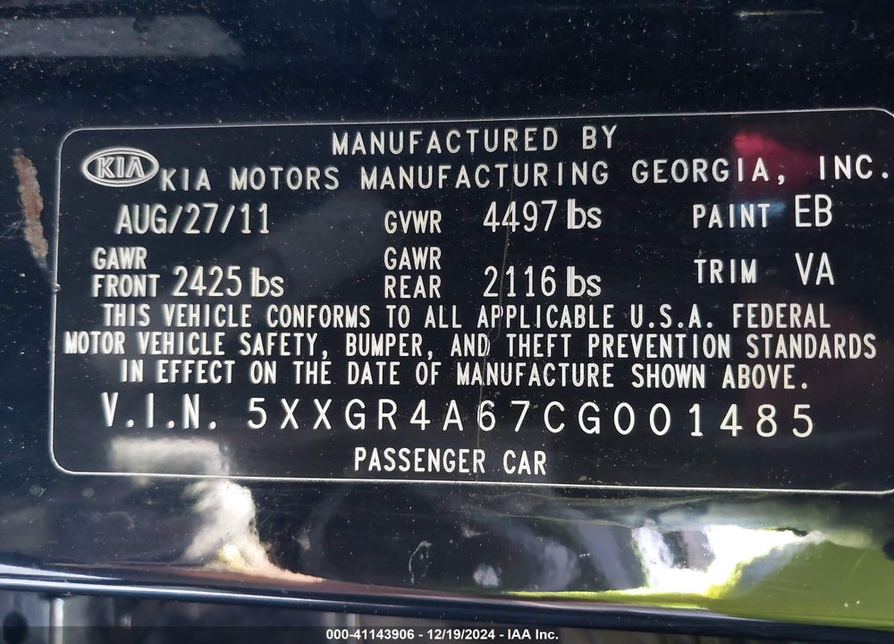 2012 KIA OPTIMA SX VIN: 5XXGR4A67CG001485