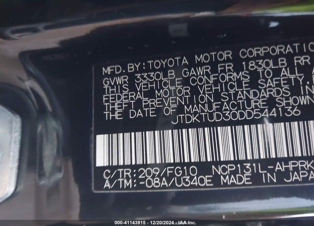 2013 TOYOTA YARIS LE VIN: JTDKTUD30DD544136