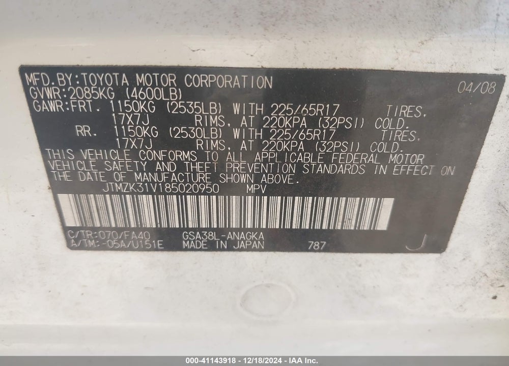 2008 TOYOTA RAV4 LIMITED V6 VIN: JTMZK31V185020950