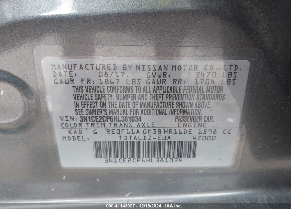 2017 NISSAN VERSA NOTE SV VIN: 3N1CE2CP6HL381034