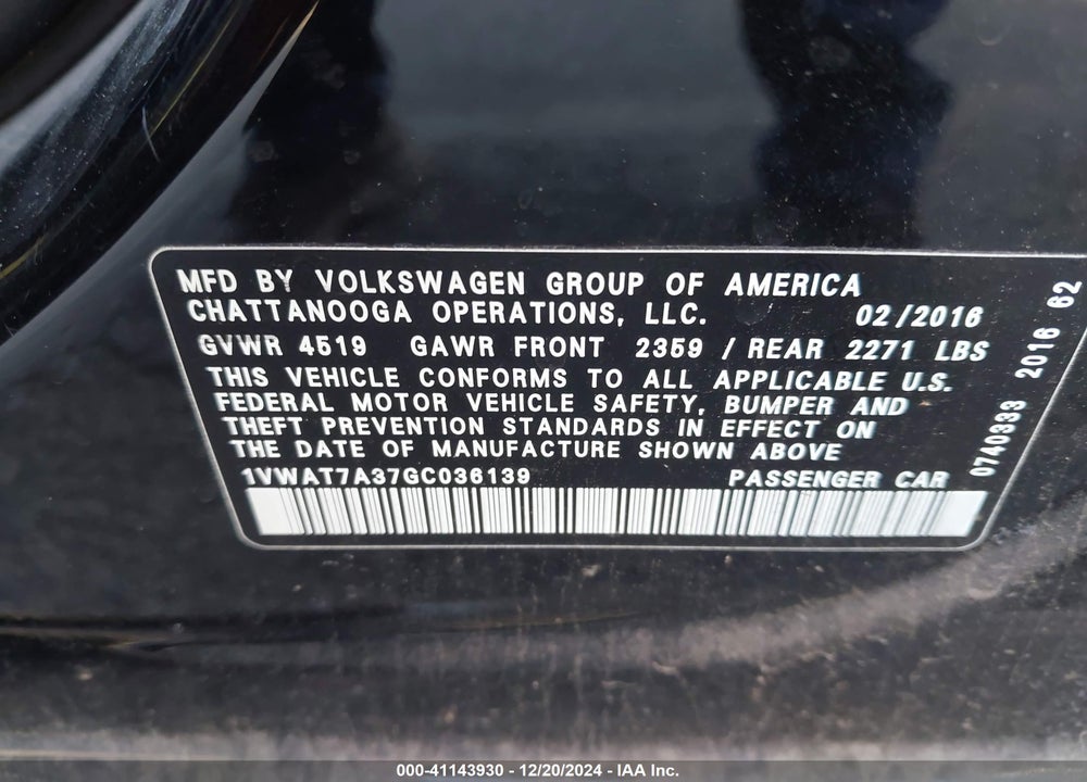 2016 VOLKSWAGEN PASSAT 1.8T S VIN: 1VWAT7A37GC036139