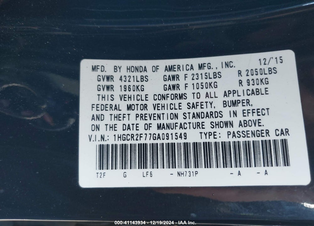 2016 HONDA ACCORD EX VIN: 1HGCR2F77GA091549