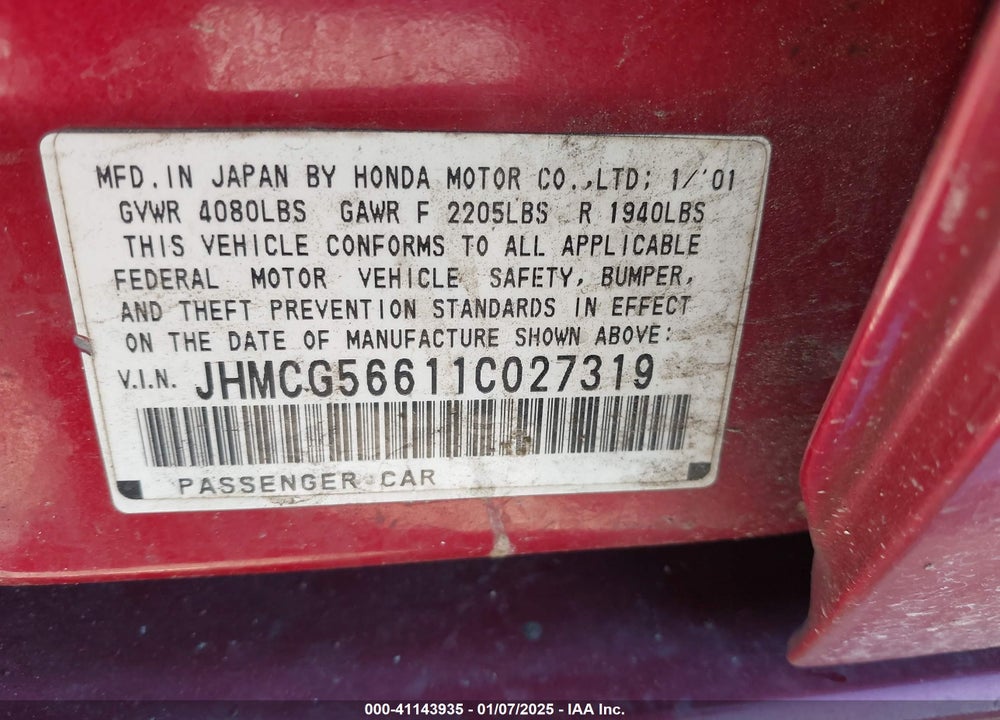 2001 HONDA ACCORD 2.3 EX VIN: JHMCG56611C027319