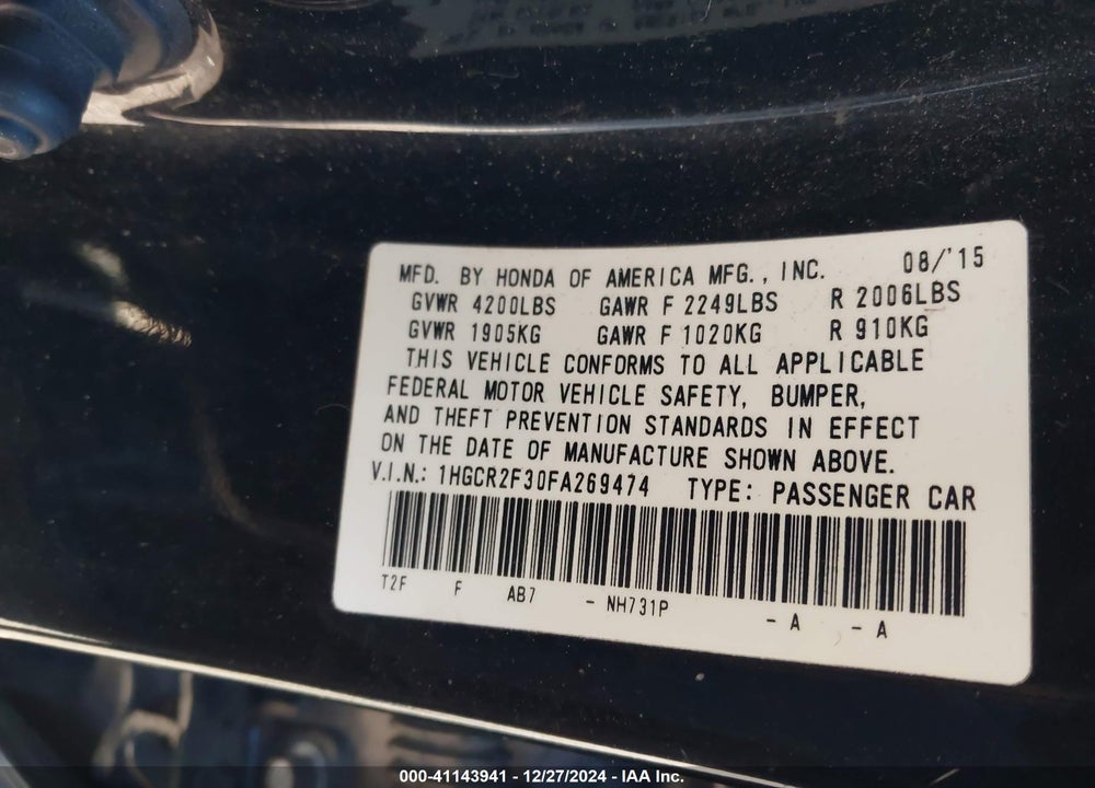 2015 HONDA ACCORD LX VIN: 1HGCR2F30FA269474