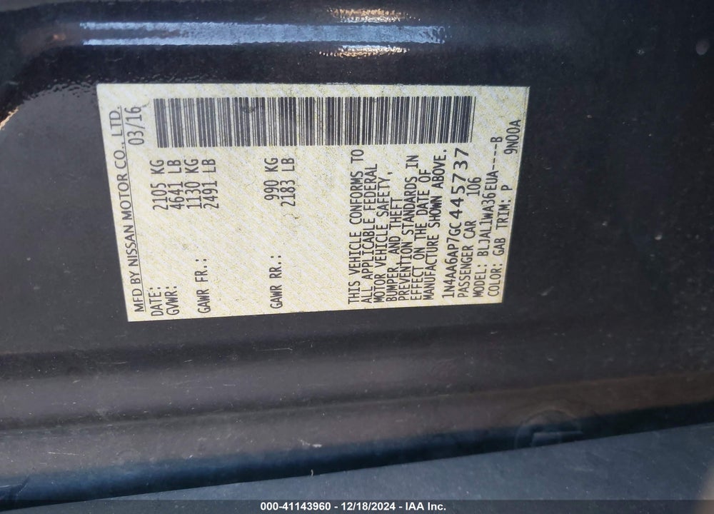 2016 NISSAN MAXIMA 3.5 SR VIN: 1N4AA6AP7GC445737