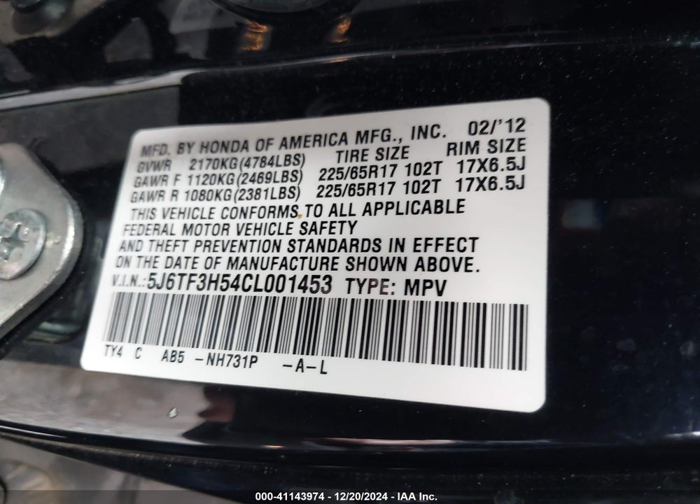 2012 HONDA CROSSTOUR 2.4 EX-L VIN: 5J6TF3H54CL001453
