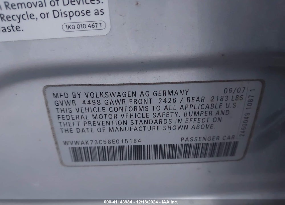2008 VOLKSWAGEN PASSAT KOMFORT VIN: WVWAK73C58E015184