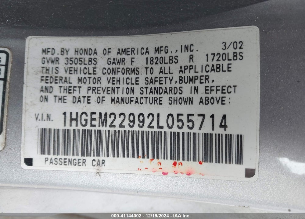2002 HONDA CIVIC EX VIN: 1HGEM22992L055714