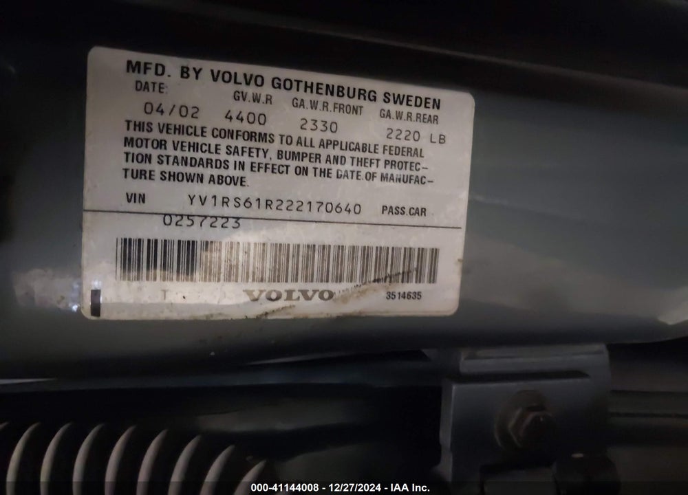 2002 VOLVO S60 2.4 VIN: YV1RS61R222170640