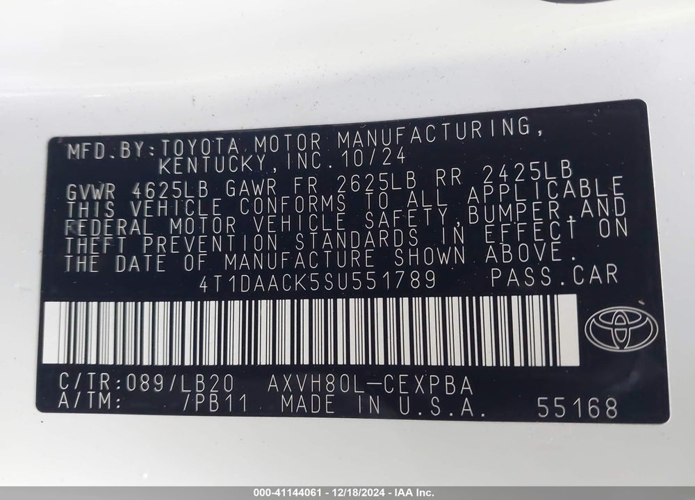 2025 TOYOTA CAMRY VIN: 4T1DAACK5SU551789