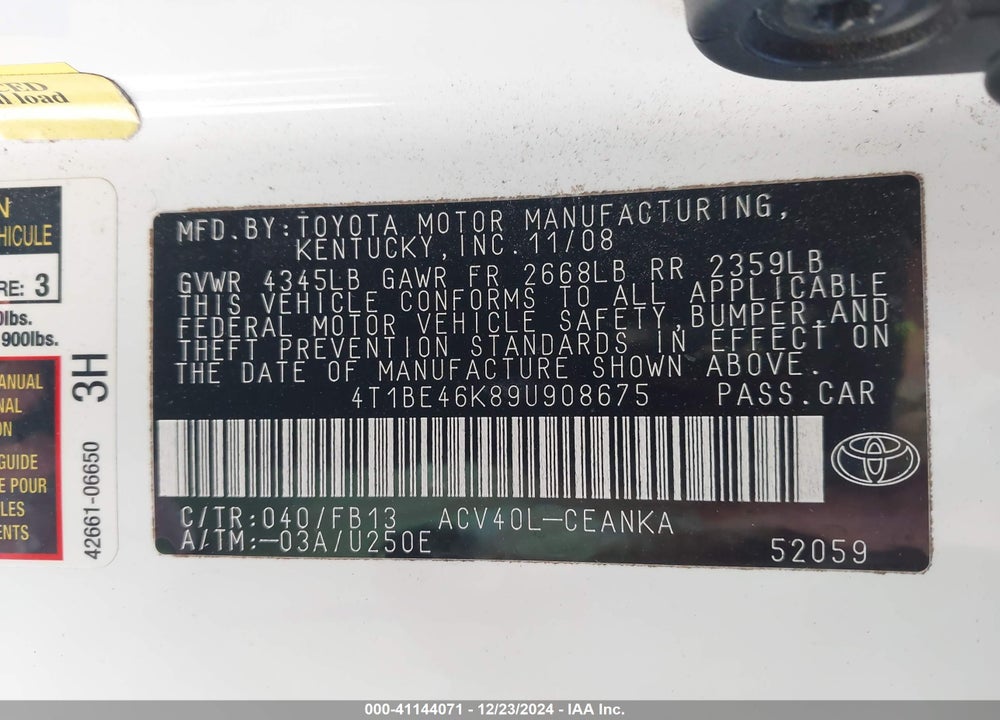 2009 TOYOTA CAMRY LE VIN: 4T1BE46K89U908675