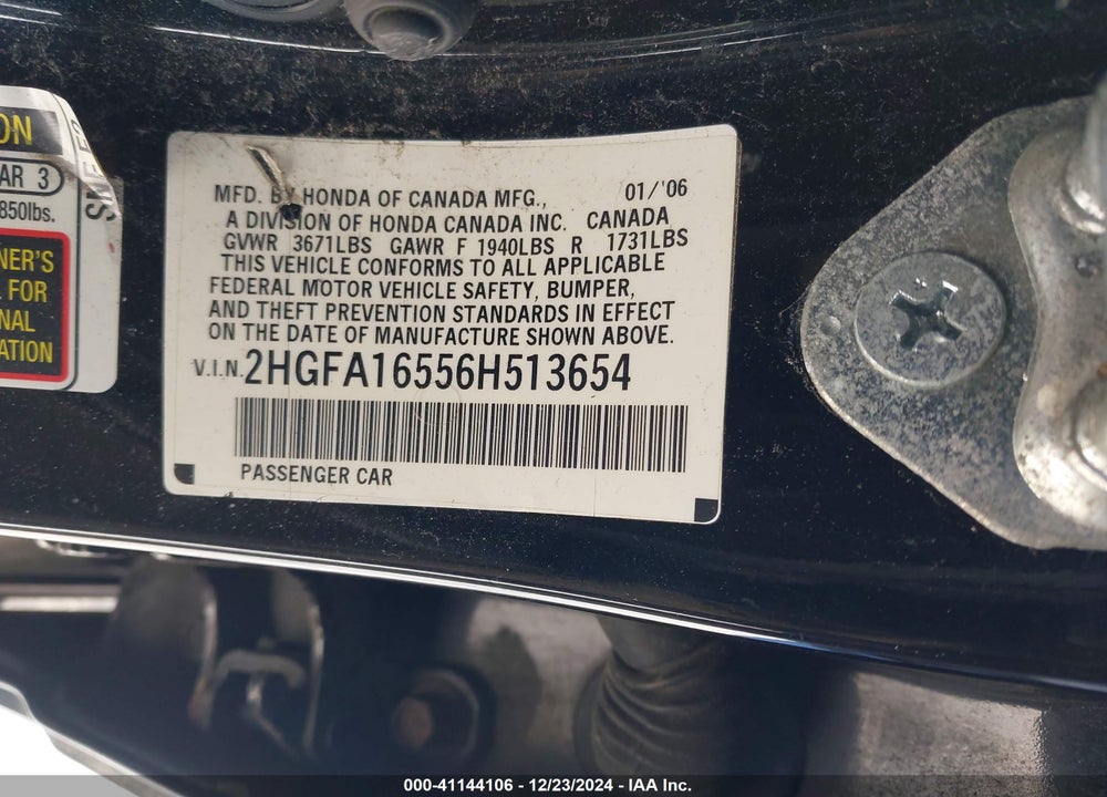 2006 HONDA CIVIC LX VIN: 2HGFA16556H513654