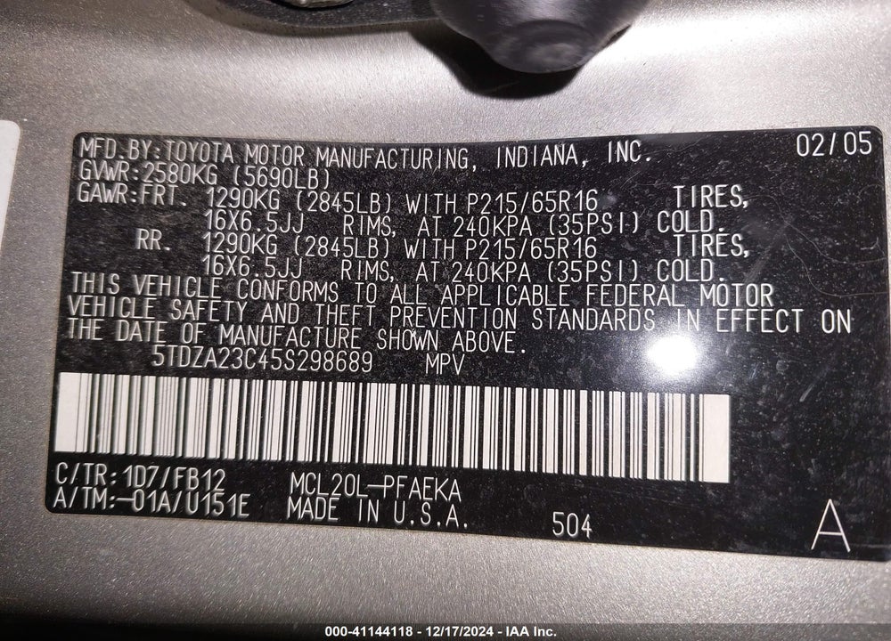 2005 TOYOTA SIENNA LE VIN: 5TDZA23C45S298689