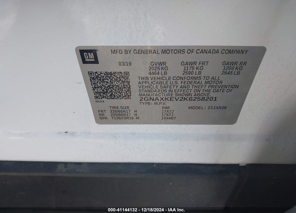 2019 CHEVROLET EQUINOX LT VIN: 2GNAXKEV2K6258201
