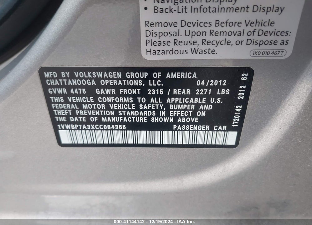2012 VOLKSWAGEN PASSAT 2.5L SE VIN: 1VWBP7A3XCC084365