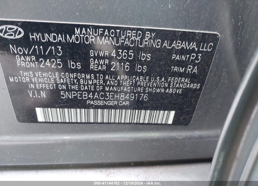 2014 HYUNDAI SONATA GLS VIN: 5NPEB4AC3EH849176