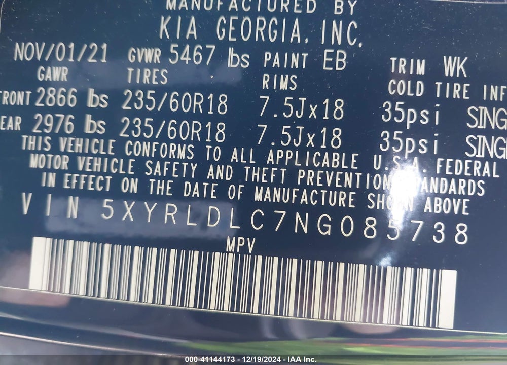 2022 KIA SORENTO X-LINE S VIN: 5XYRLDLC7NG085738