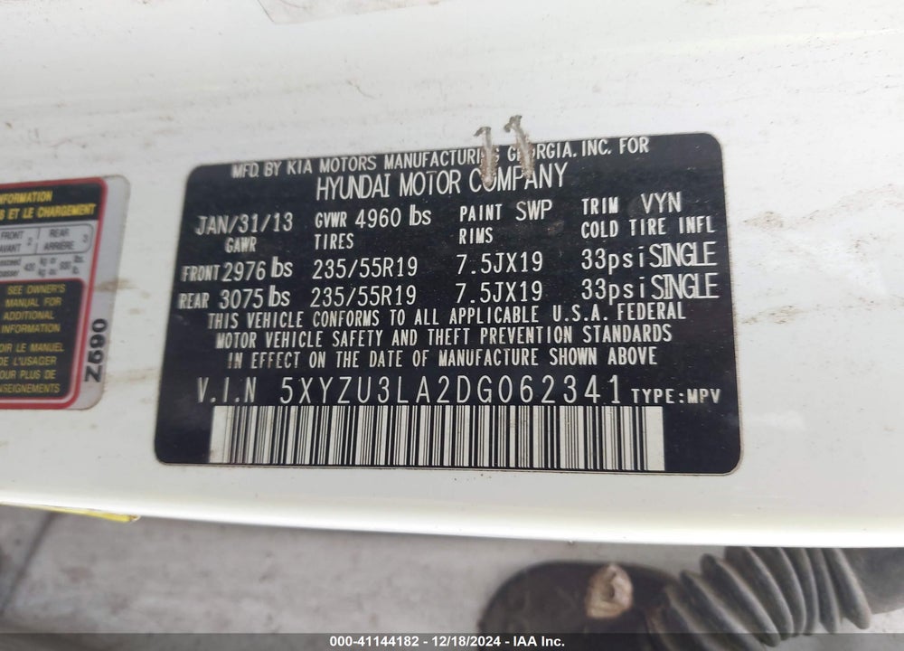 2013 HYUNDAI SANTA FE SPORT 2.0T VIN: 5XYZU3LA2DG062341