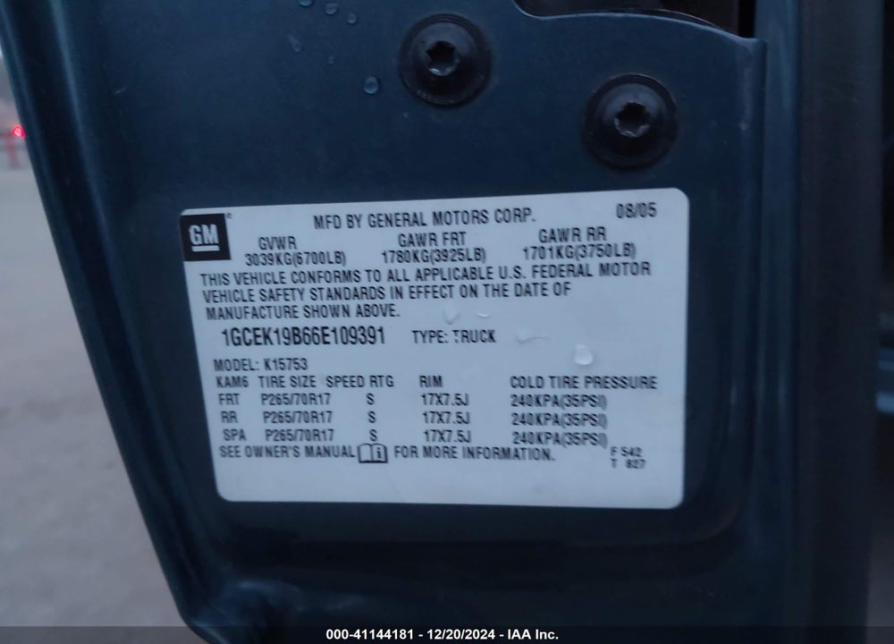 2006 CHEVROLET SILVERADO 1500 LT2 VIN: 1GCEK19B66E109391